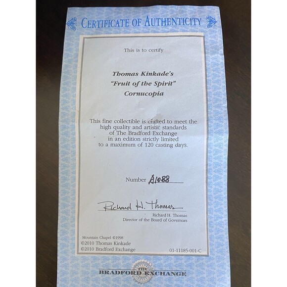 VTG Bradford Exchange Thomas Kinkade’s Fruit of the Spirit Cornucopia WITH COA - Picture 6 of 11